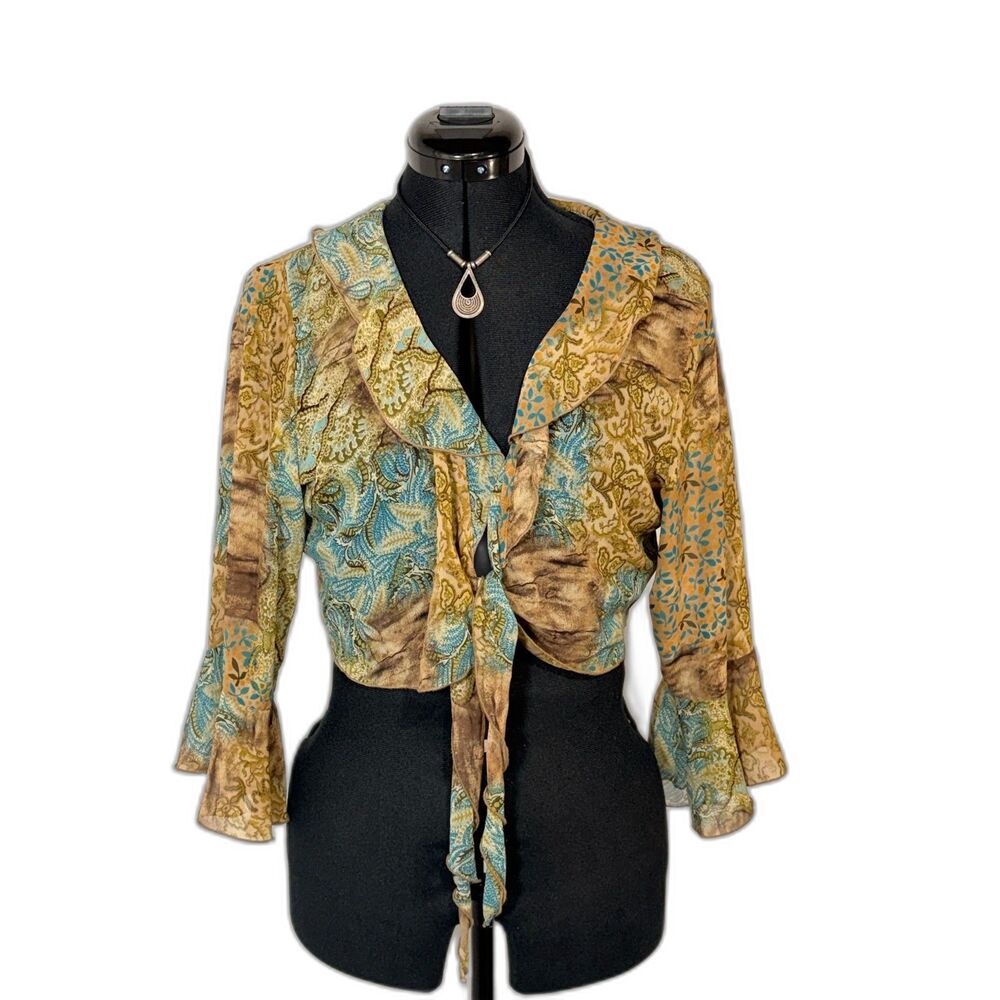 Dressbarn Turquoise Gold Paisley Tie Front Bolero Top
